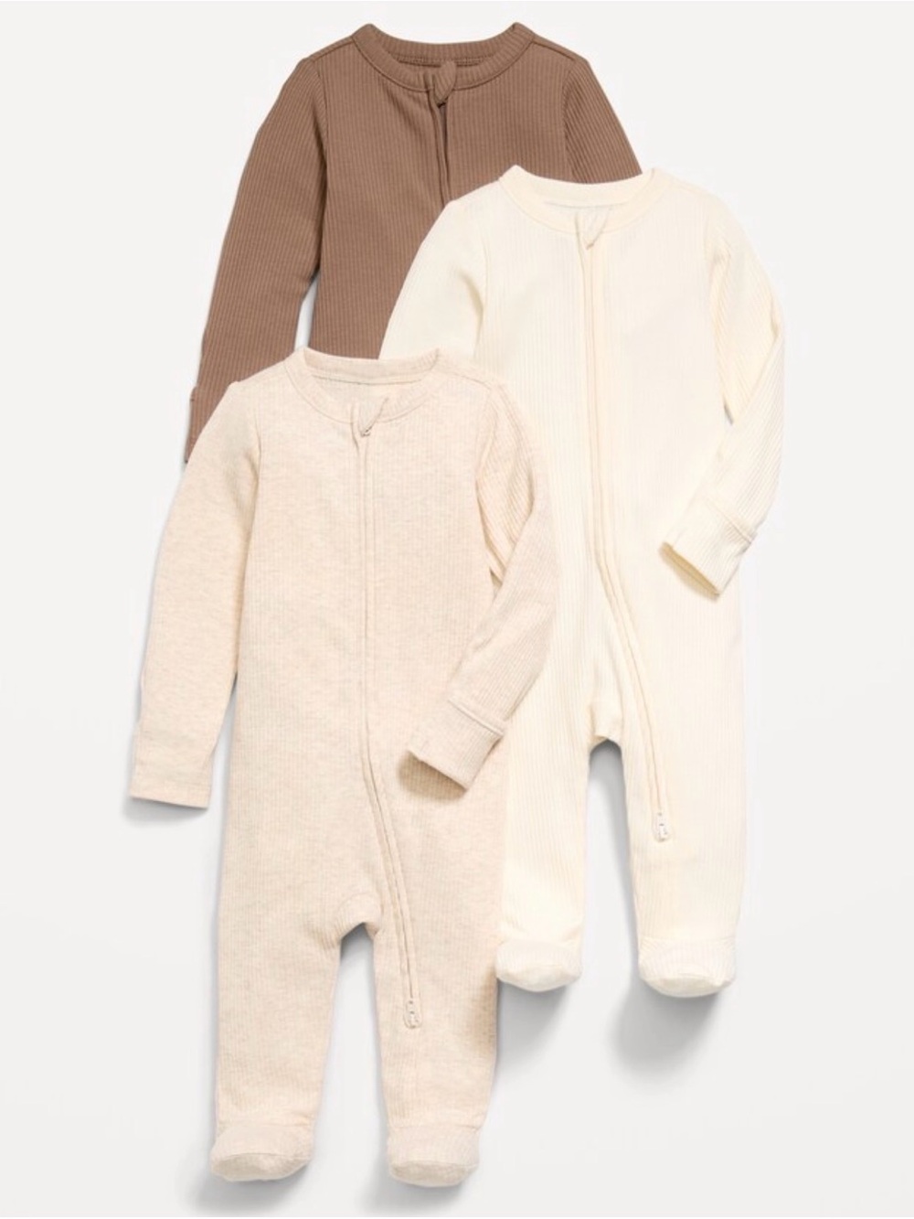 Old Navy Neutral Ribbed Zip-Front Baby Footie Set — Cream, Beige, Brown